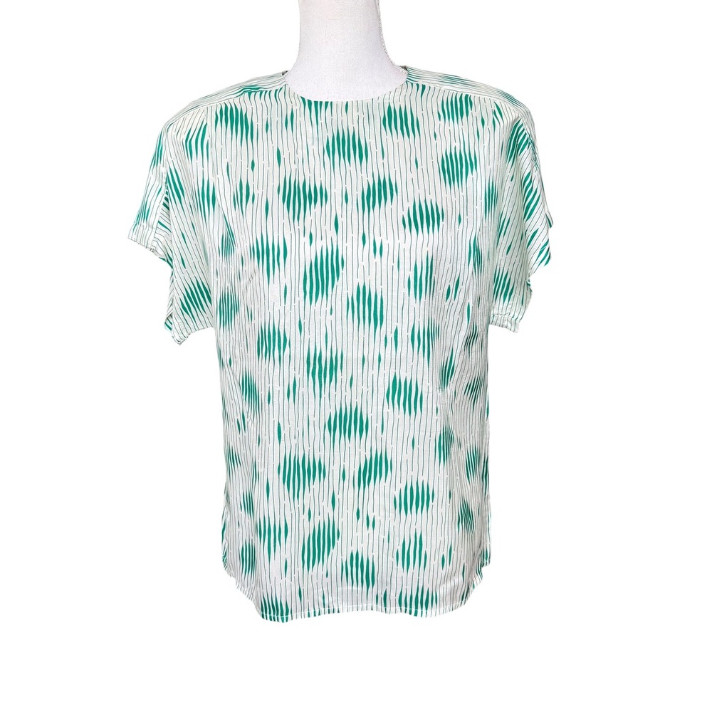 Rotations Vintage 100% Silk Blouse Green White Abstract Stripe Short Sleeve 10